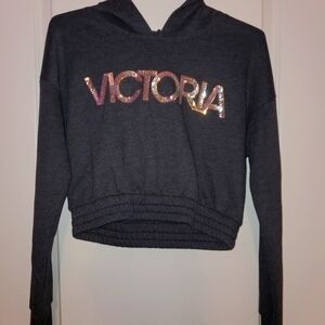 Victoria Sport Cropped Gray Hooded Sweatshirt, Medium, Gold/Silver